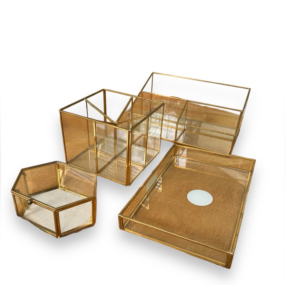 NWT Life at Home Metal and Glass 4-Piece Organizer Set in Gold
